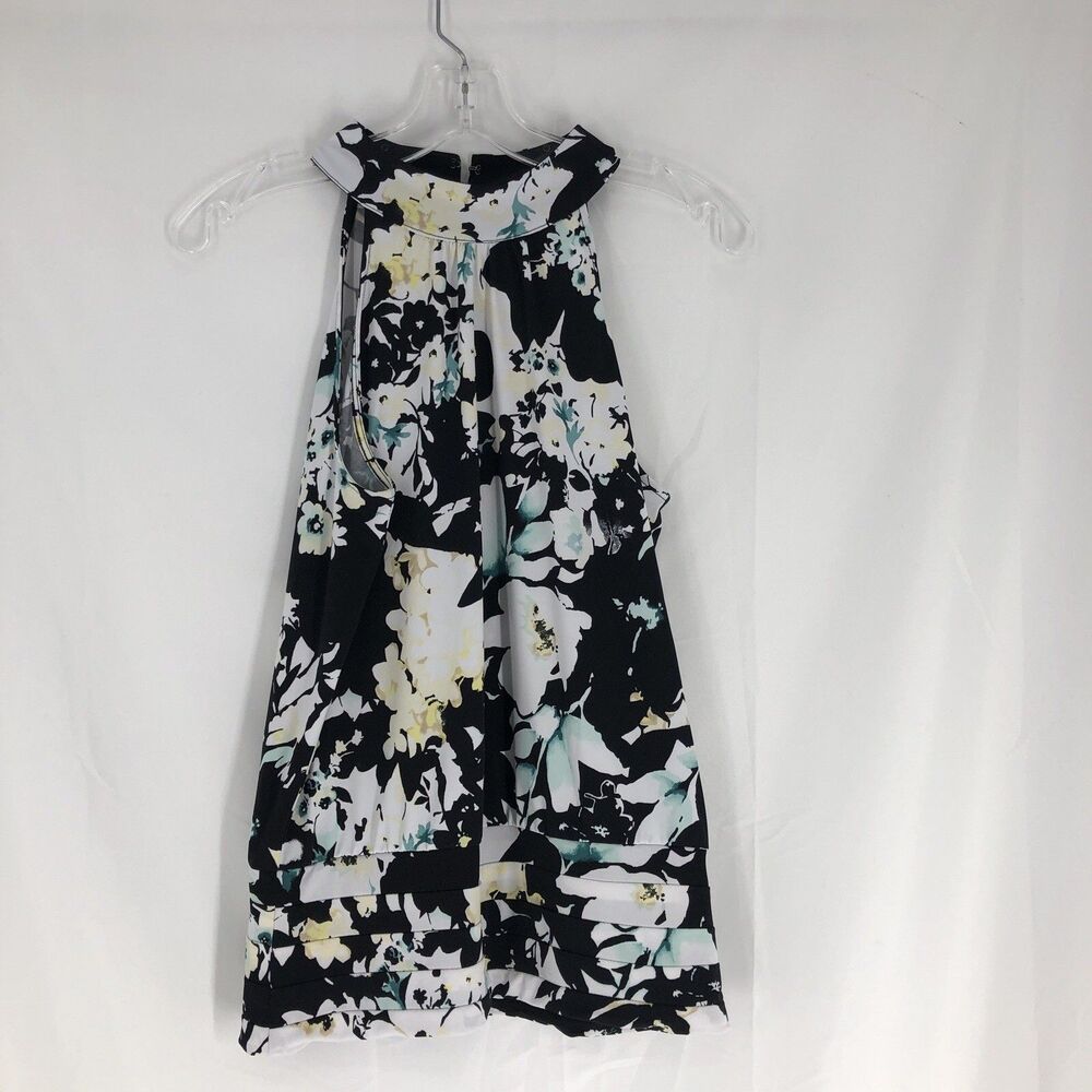 White House Black Market Floral Halter Top Black Teal White Small